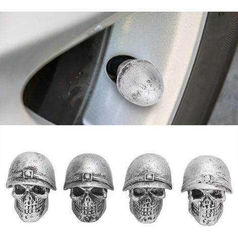 Universelle Ventilkappe für Auto-, Lkw-, Fahrrad-, Motorrad- und Fahrradreifen, verziert mit einem Totenkopfmotiv. 4er-Pack (Devil Soldier), silberfarben. (1/5)