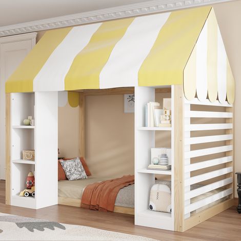 Cama infantil 90x200 cm con somier de láminas cama con dosel y compartimentos abiertos estilo rústico de madera - blanco y natural (1/5)