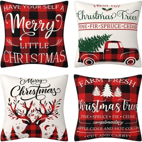 Housses de coussin de Noël, 45 x 45 cm, lot de 4, décorations de Noël rustiques, motif à carreaux Buffalo, sapin et cerf, camion rustique, pour les fêtes d'hiver