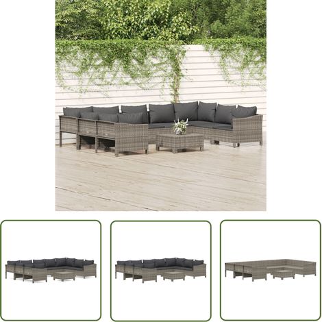 The Living Store 10-tlg. Garten-Lounge-Set mit Kissen Grau Poly Rattan - Gartenmöbel - Loungemöbel - Rattan Möbel - Outdoor Möbel - Garten Lounge Set (1/5)