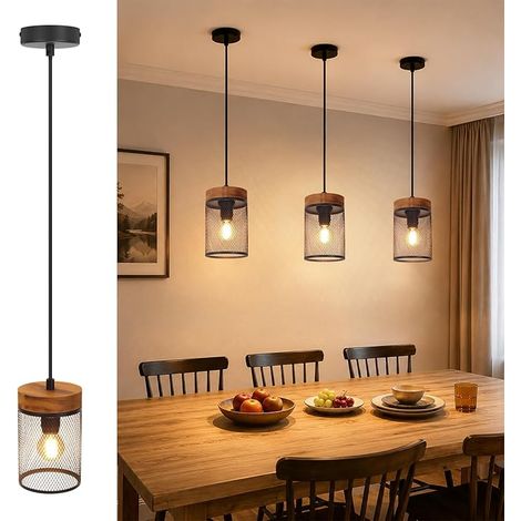GBLY Vintage Pendelleuchte Esstisch Schwarz Holz Hängelampe E14 Hängeleuchte im Industrial Design Esstischlampe 1 flammig mit Gitter Lampenschirm Retro Küchenlampe hängend für Esszimmer Küche