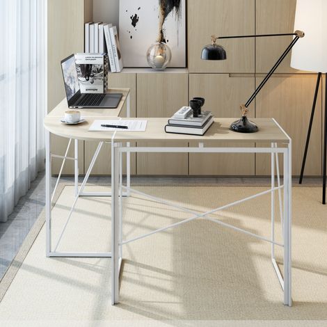 Bureau d’étude moderne en forme de L pour ordinateur et portable. Design compact gain de place idéal pour aménager espace de travail à domicile.