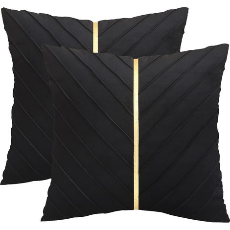 Set di 2 federe per cuscino 45 x 45 cm in velluto plissettato con decorazione a lingotto dorato per casa, soggiorno, camera da letto, nero