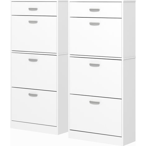 Lot de 2 meubles à Chaussures HOMCOM Portes abattantes et tiroir Coulissant - dim. 62L x 24l x 135H cm - poignées alu. bois Blanc (1/2)