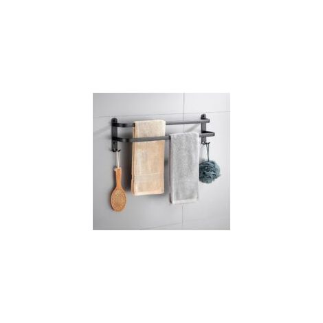 Porte-serviettes mural en aluminium, sans perçage, à 2 niveaux avec crochets, 40 cm, étanche et antirouille, pour salle de bain/cuisine/porte-chaussures. (1/5)