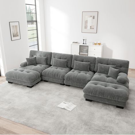 Canapé modulaire 4 places gris en chenille avec ottomans mobiles (1/5)