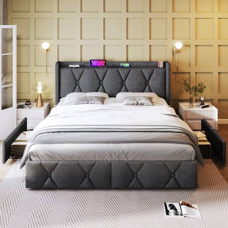 Lit 160x200 cm gris avec chargeur usb intégré, 4 tiroirs, sommier en bois, sans matelas (coforama) (1/5)