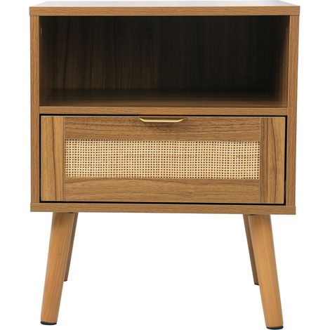 CHICFURN Mesa de noche de ratán 45 x 40 x 55 cm nogal, cajón y hueco abierto Boho (1/5)