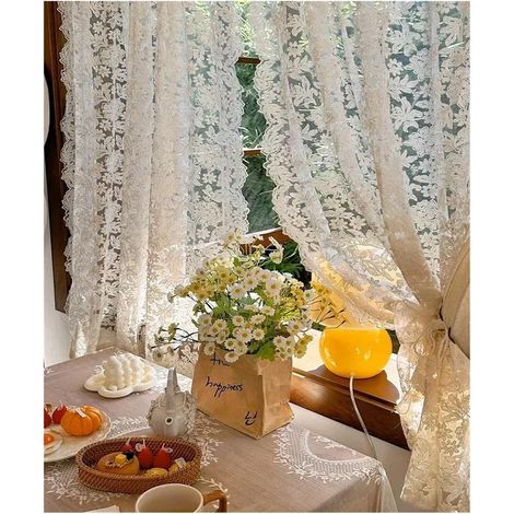 Rideau Dentelle Rideaux à Bords ondulés, Rideau de séparation en Dentelle Palace, Gaze brodée Vintage Beige
