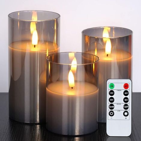 Lot de 3 bougies LED sans flamme à piles Bougies, bougies piliers, bougies à piles avec télécommande et minuterie, bougies électriques, diamètre 7,6 cm x hauteur 10,2 cm x 12,7 cm, cire et verre gris (1/5)