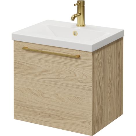 Napoli 390 Light Oak 500mm Wall Mounted Single Drawer Vanity Unit with Glide Basin - 500mm - Brushed Brass 320mm Handle