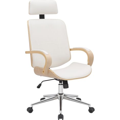 Fauteuil de bureau rétro-chic – Confort et style intemporel assise en PVC blanc cadre en métal et bois couleur bois 100006914