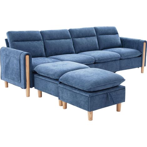 Divano modulare a U a 4 posti in ciniglia blu con 2 pouf contenitore e gambe in legno (1/5)