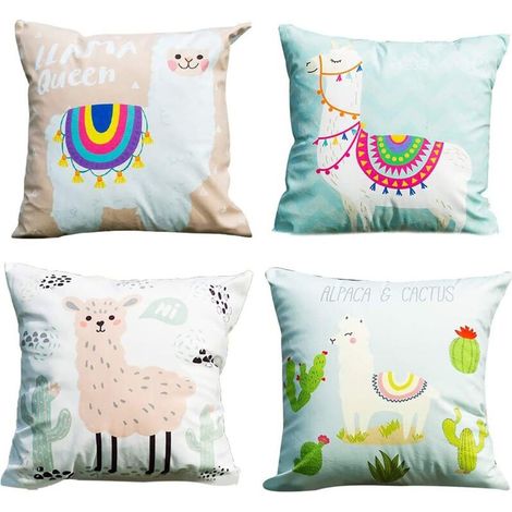 4 x housses de coussin en alpaga, taie d'oreiller à imprimé lama dessin animé Kawaii, housse de coussin décorative pour canapé en alpaga (1/5)