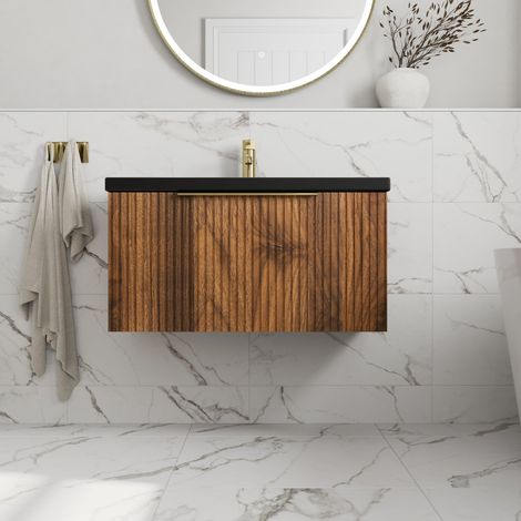 Fluted 800mm Bathroom Vanity Unit Basin Wall Hung Cupboard Soft Close Walnut (1/5)