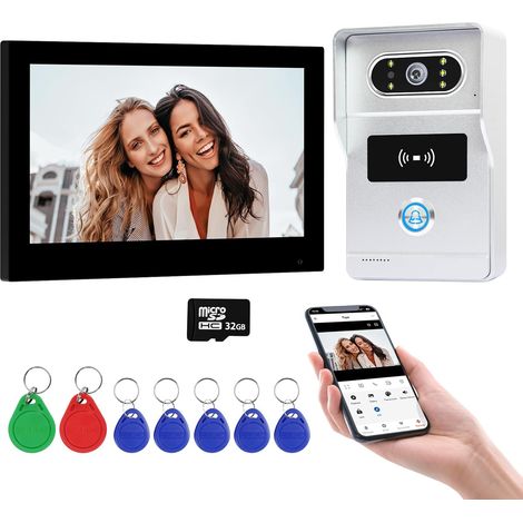 2 Fils WiFi Système Interphone Vidéo pour la Maison, Caméra de Sonnerie Vidéo 1080P HD avec Moniteur d'écran Tactile de 7 Pouces, Audio Bidirectionnel, Débloquage de APP/Carte RFID (1/5)