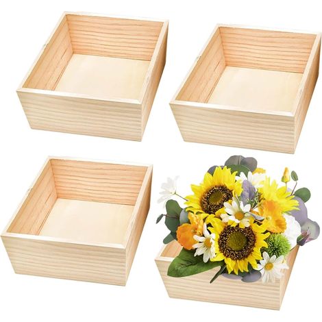 Boîtes en Bois Brut - Lot de 4 - Carrées Naturelles 15x15x6cm - Sans Couvercle pour DIY et Déco - Rangement Maison et Loisirs Créatifs (1/5)