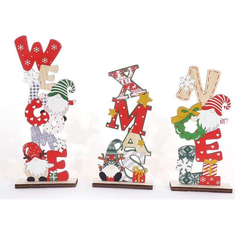 Set de 3 décorations de Noël en bois, lettres colorées et dessins animés, poupées sans visage DIY, ornements festifs pour sapin et maison (1/5)