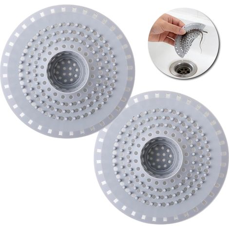 Set di 2 protezioni per scarico in silicone, raccogli capelli per doccia, filtro per doccia, filtro per capelli per vasca da bagno, lavandino e cucina, facile da pulire e riutilizzabile (grigio) (1/5)