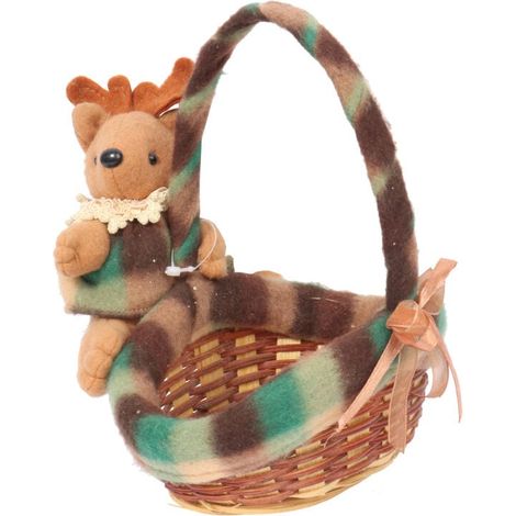 Cesto natalizio ovale con renna di peluche, 24 cm - Marrone-Verde (1/3)