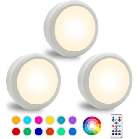 Éclairage LED sous meuble avec télécommande, variateur d'intensité, fonctionne sur piles, 12 couleurs RVB préréglées avec minuterie (lot de 3) (1/4)