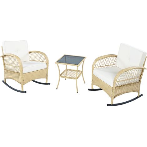 Salon de Balcon Rotin 3 Pièces, Ensemble Fauteuil à Bascule Extérieur avec Table en Verre et Coussins Beiges, Charge 160 kg, Noir (1/5)