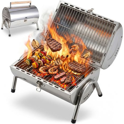 Relaxdays Tischgrill, 2 Grillflächen je 34 x 21,5 cm, Outdoor Camping, Klappgrill & Smoker, Holzgriff, Edelstahl, silber (1/5)