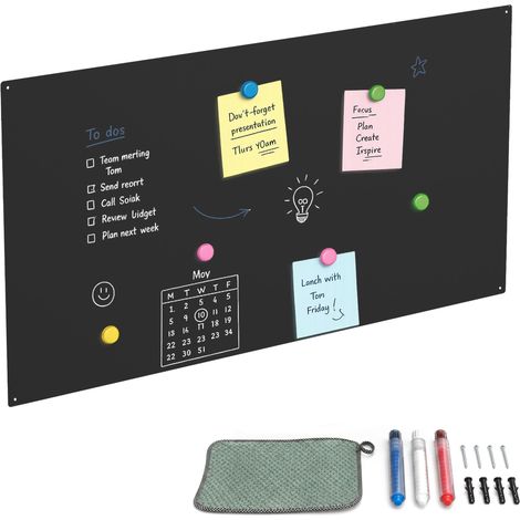Relaxdays Magnetic Chalkboard, Writable, 3 Chalk Markers, 50x100, Memo Board for Office & Kitchen, Steel, Black (1/5)