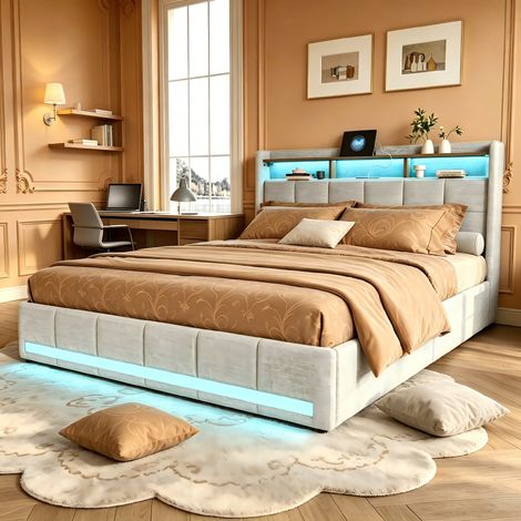 Lit Double pour Adultes, Lit coffre capitonné160x200, Lit rembourré 2 Personnes, tête de lit coffre en coton, avec LED et USB, avec 4 tiroirs, lin, Beige (1/5)