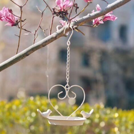 Mangeoire à oiseaux suspendue blanche de style vintage avec chaîne, décoration de jardin rustique, mangeoire d'extérieur pour terrasse, jardin et balcon (1/5)