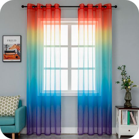 Paire de rideaux voile semi-transparents, couleur dégradée, arc-en-ciel pour salon, chambre, chambre d'enfant, cuisine et intérieurs, 2 panneaux avec œillets 140x275cm (1/5)