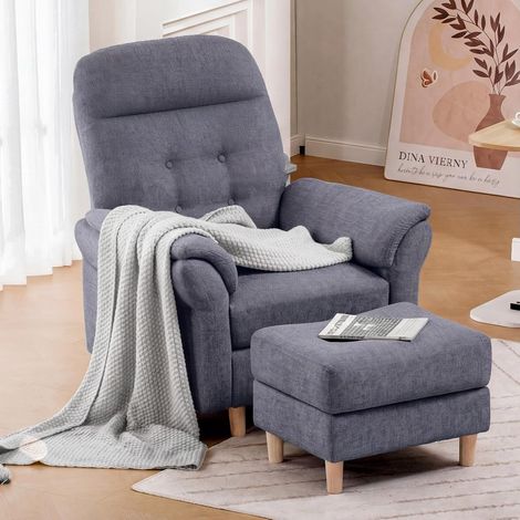 Fauteuil Relax Inclinable avec Tabouret, Dossier 4 Niveaux Réglable, Poche Latérale, Ressorts Ensachés, Tissu Chenille - Gris (1/5)