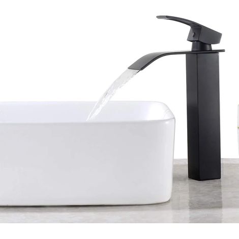 Robinet de Salle de Bain Cascade à Levier Unique Noir, Mitigeur de Lavabo Carré Laiton, Haut Mitigeur Vasque à Poser Eau Chaude et Froide (1/5)