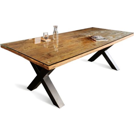 Tisch RAFTA 220 x 100 cm – Platte aus massivem Teakholz mit gehärtetem Glas und schwarzen Metallfüßen in X-Form