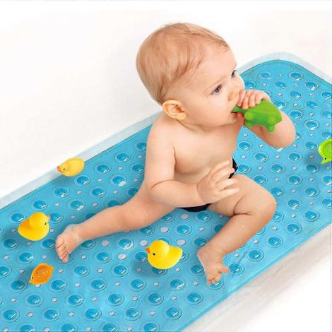 Tapis de bain bébé antidérapant extra long pour enfants 40 x 100 cm - Tapis de bain écologique avec ventouses (bleu) (1/5)