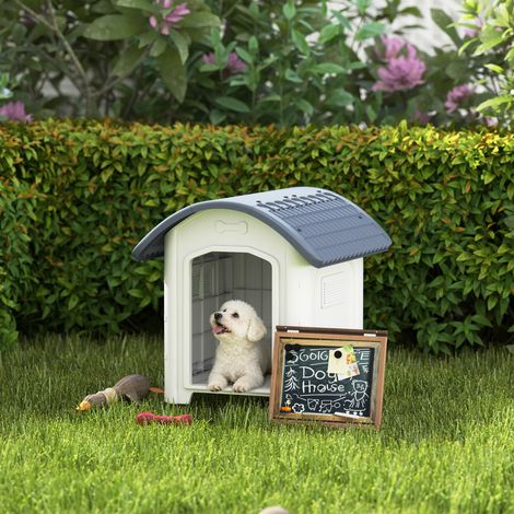 Niche pour Chien Extérieur. Maison pour Chien en Plastique avec Sol Surélevé et Amovible. Toit Imperméable. Gris