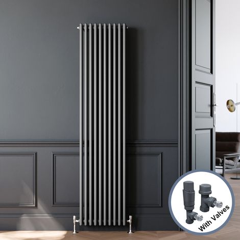 ELEGANT 1800 x 470 mm Traditional Radiator Cast Iron Style Radiator Anthracite Triple Vertical Column Radiators 3 Column + Anthracite Thermostatic Radiator Valves (1/5)