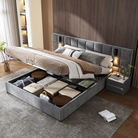 Lit capitonné 160 x 200 cm,lit coffre 160 x 200 cm avec lampe orientable et port USB,lit double avec rangement,sans table de chevet,velours,gris (1/5)