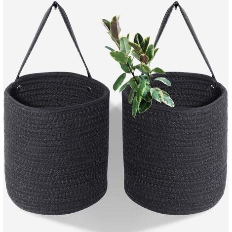 2pcs de panier suspendu en corde de chanvre noir - 10,6 x 5,5 ensemble de paniers muraux tissés suspendus avec poignées en cuir, rangement de paniers suspendus tissés fixés au mur, organisateur de pan (1/4)