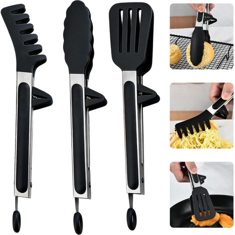 Set of 3 Stainless Steel Kitchen Tongs with Silicone Tips, Heat Resistant Barbecue Tongs for Salad Pasta and Buffet (Black, 27 cm) (1/5)