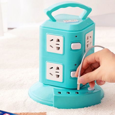 Multiprise tour multifonctionnelle avec protection contre les surcharges et port USB, 220 V, 10 A, vert paon, 2 couches (1/5)