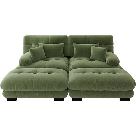 Canapé d’angle vert en chenille, modulable 2 places avec 2 ottomanes, assise profonde et 4 coussins, 220 x 145 x 81 cm (1/5)