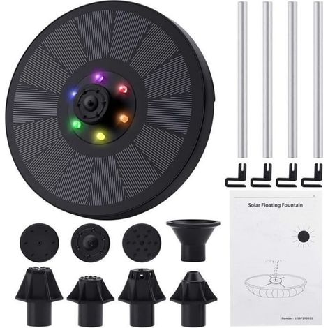 Fontaine Solaire - Pompe Flottante 3 W - Étanche pour Bassin Piscine Jardin - 6 Têtes Réglables - 900 mAh (1/4)