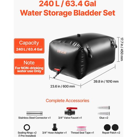 Réservoir d'Eau Souple 240 L Vessie de Stockage Eau Pliable Sac Conteneur d'Eau en PVC pour Irrigation de Jardin, Camping, Camping-car, Utilisation Extérieur, Stockage Urgence, Résistant, Noir (1/5)