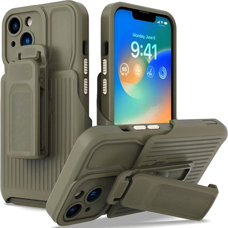 Étui de protection avec clip ceinture pour iPhone 14, vert (1/5)