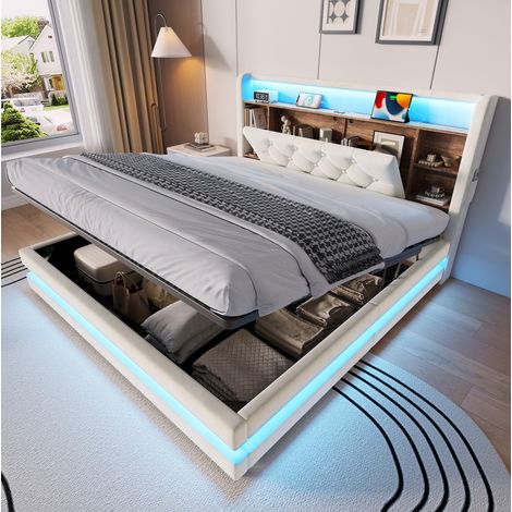 Lit coffre 140 x 200 cm avec rangement, tête de lit multifonction, velours beige, éclairage LED, ports USB et Type-C, sommier hydraulique, pour chambre moderne - CHICFURN (1/5)