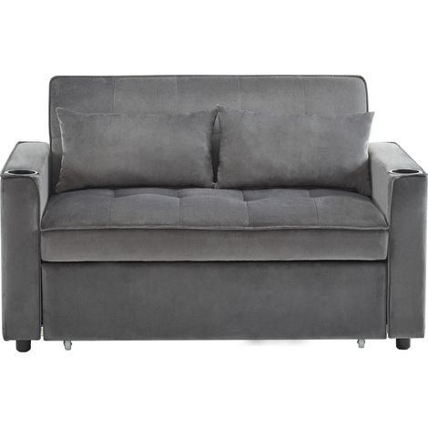 Canapé 137x163 Cm En Velours Gris, Convertible 3 Positions Avec Porte-gobelets Et Poches Latérales (1/5)