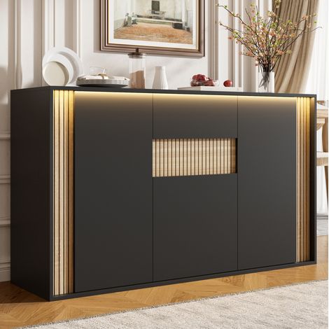 Sideboard mit 3 Türen und 1 Schublade, LED-Beleuchtung, 140 x 40 x 82 cm, schwarz/natürlich HAVRYA (1/5)