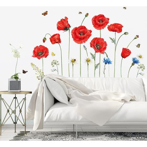 Adesivo murale con fiore di papavero rosso, adesivo murale con fiore di farfalla, decorazione murale per camera da letto, soggiorno, cameretta dei bambini, ufficio (1/5)