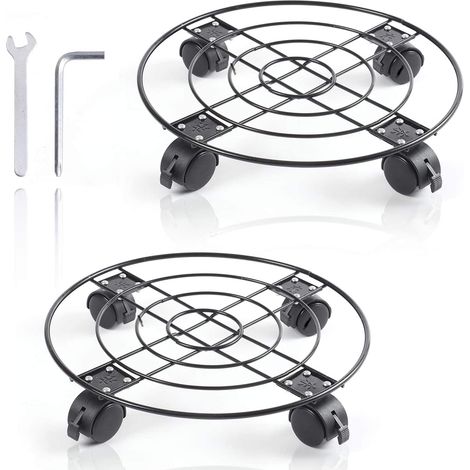 Lot de 2 supports de plantes ronds en métal avec roulettes – Noir, 13" (1/5)